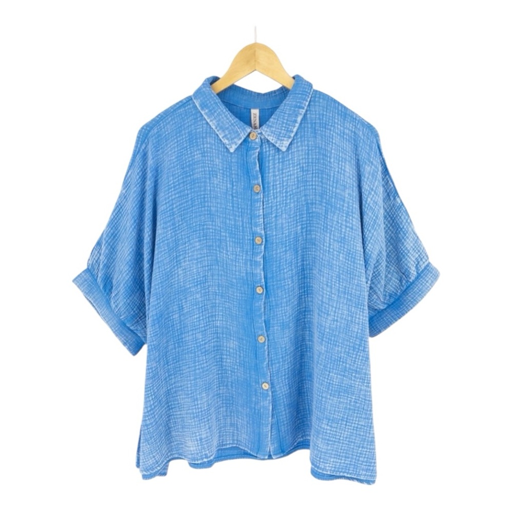 Zenana Lightweight Gauze Deep Sky Blue Button-Up Shirt